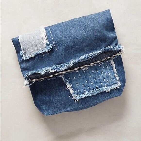 Anthropologie Handbag CLOTH & STONE Pouch PATCHWORK DENIM Zipper Frayed NWT - Picture 1 of 4